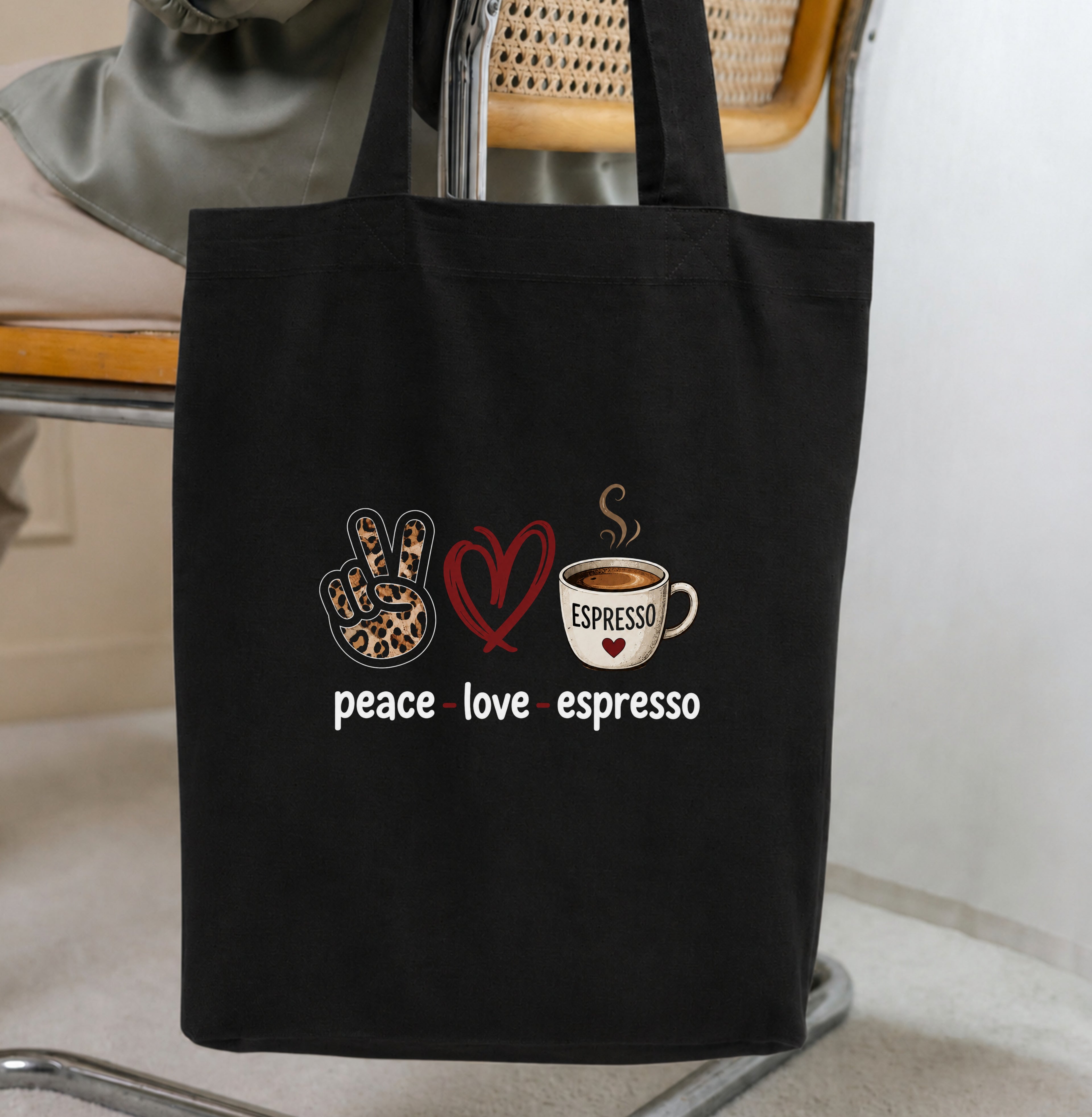 Cotton color tote bag-peace love espresso