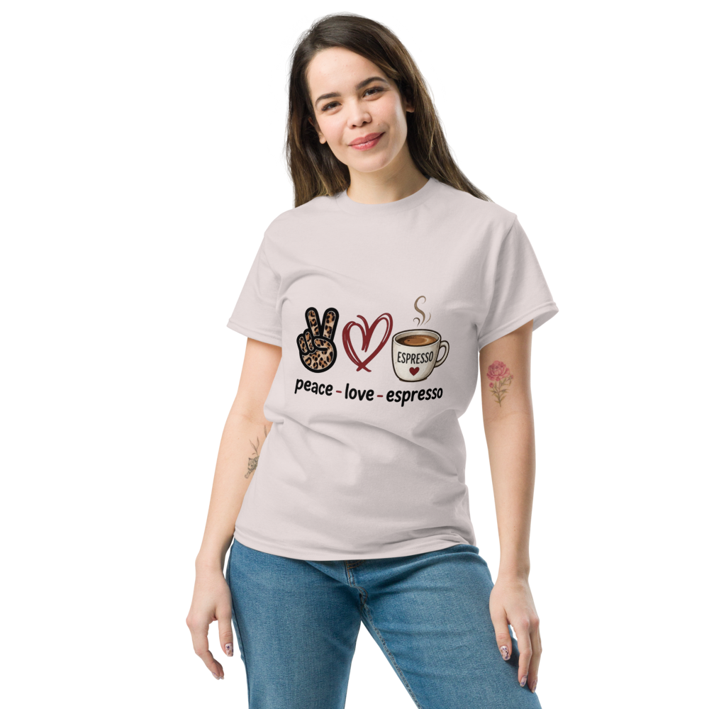 Unisex classic tee- peace, love, espresso